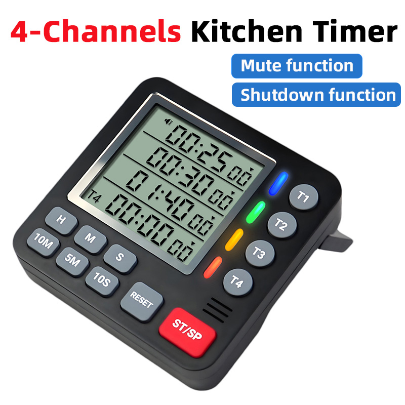 Commercial Kitchen Timer - Digital Kitchen Timer 4-Channel Large Display,