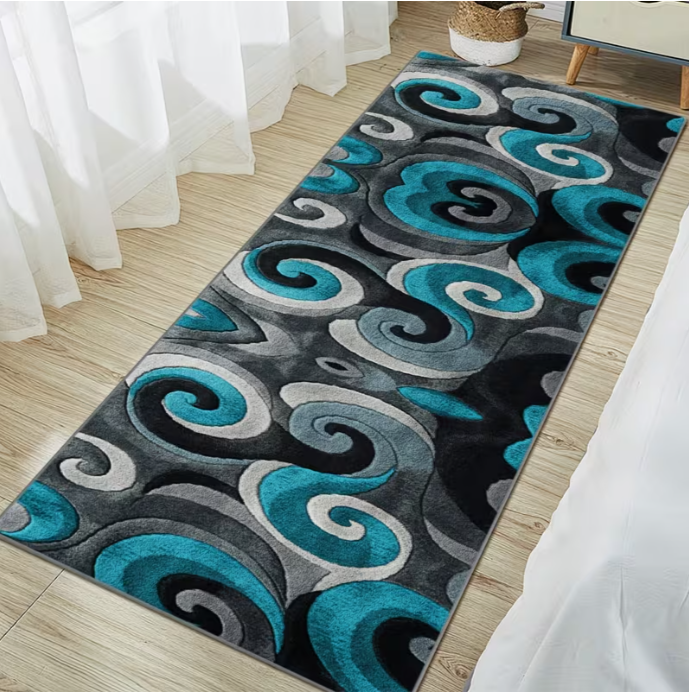 Commercial Kitchen Mats - Turquoise Black Swirl Runner Rug Non